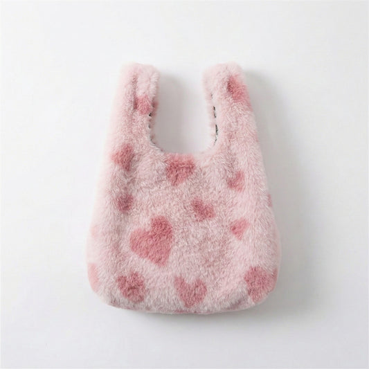 Faux Fur Shoulder Tote Bag with Heart Pattern Soft Plush Texture and Wide Handles