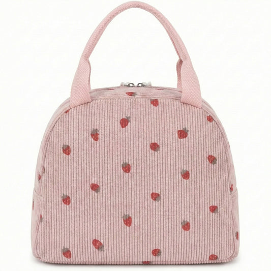Insulated Lunch Tote Bag with Foil Lining Strawberry Print Corduroy and Top Handle
