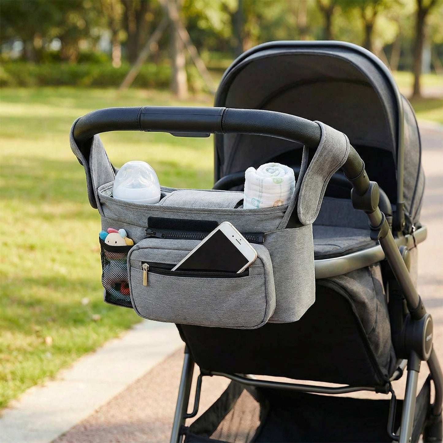 Stroller Organizer with Cup Holders and Zipper Pockets Adjustable Straps Large Storage Space