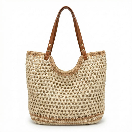 Crochet Tote Bag Open Knit Design Dual Shoulder Straps Slouchy Structured Shape