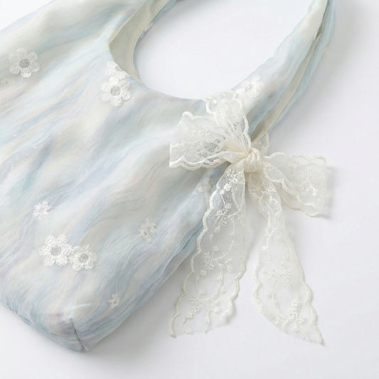 Soft Shoulder Bag Floral Embroidery Lace Bow Detail Slouchy Hobo Silhouette