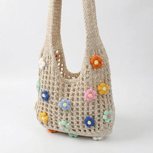 Women Crochet Shoulder Tote Bag Floral Applique Lightweight Slouchy Handbag
