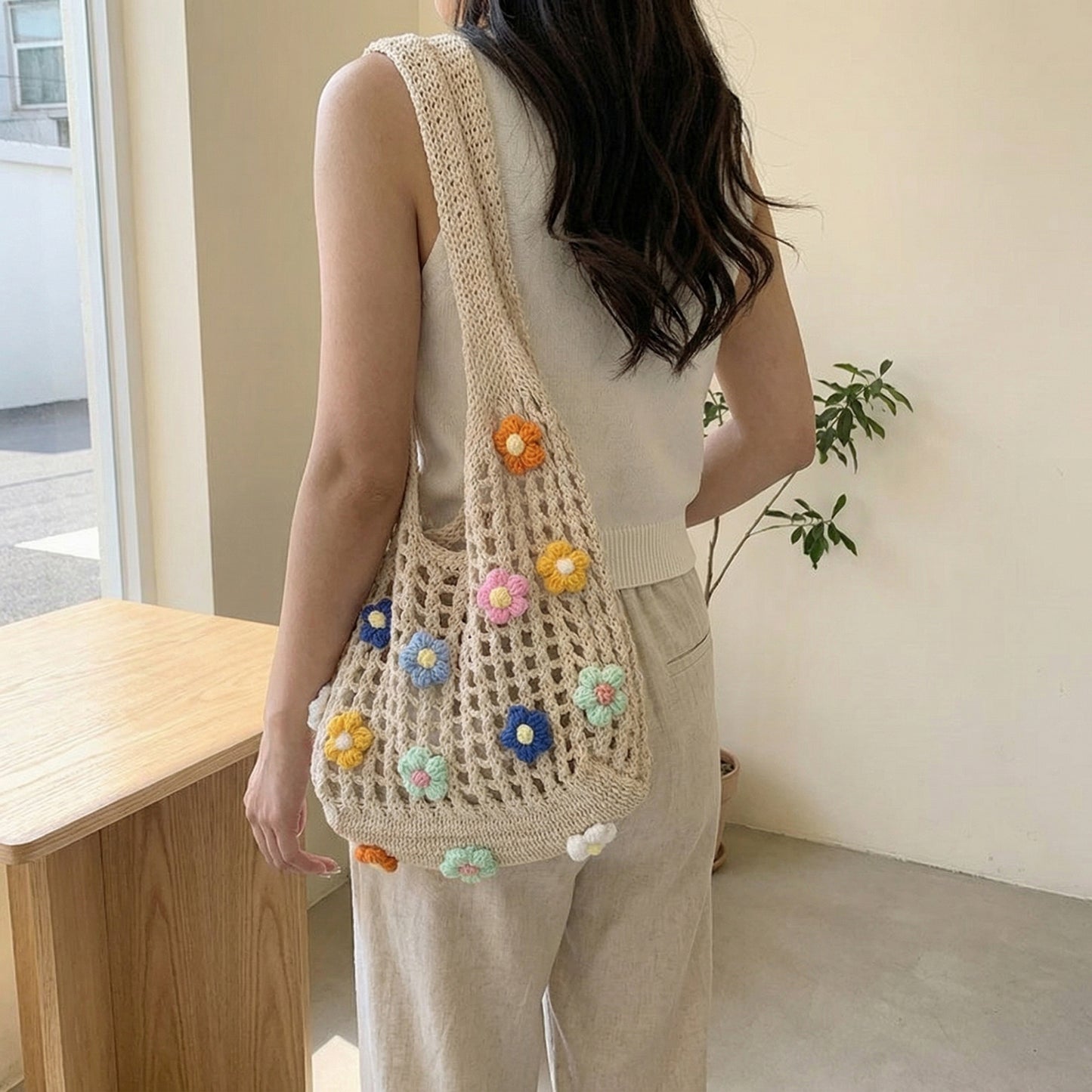 Women Crochet Shoulder Tote Bag Floral Applique Lightweight Slouchy Handbag