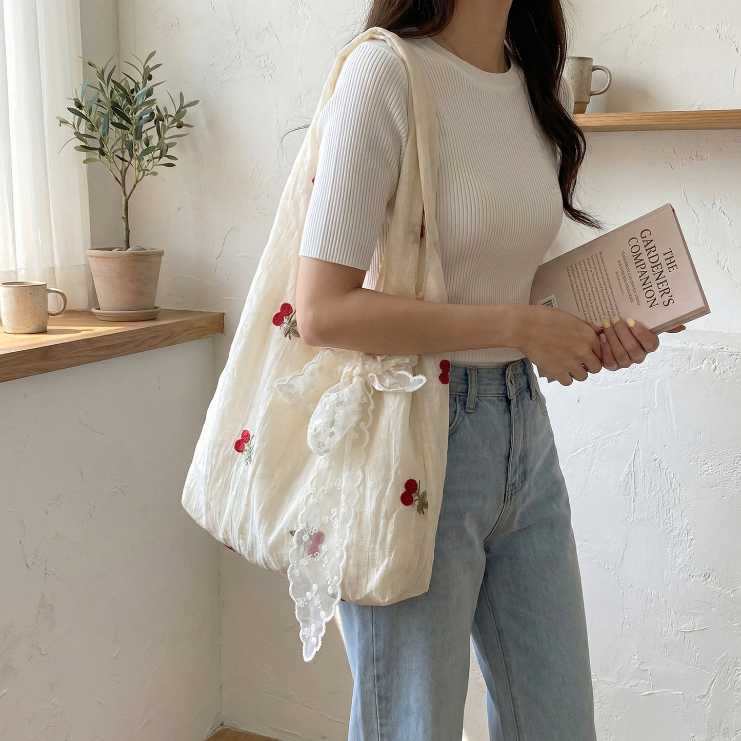 Women Embroidered Cherry Shoulder Tote Bag Lace Bow Detail Soft Slouchy Handbag