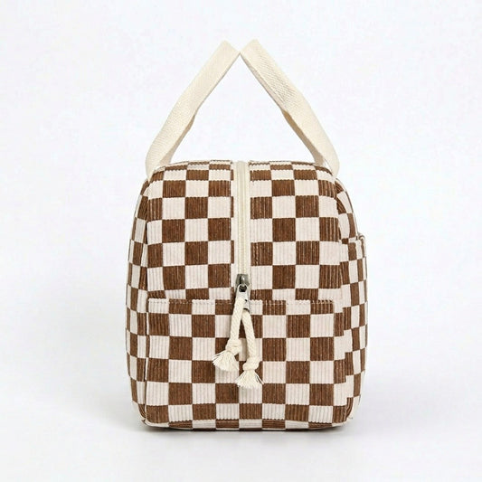 Checkered Zip Top Lunch Bag Insulated Small Tote with Handle Portable Food Carrier