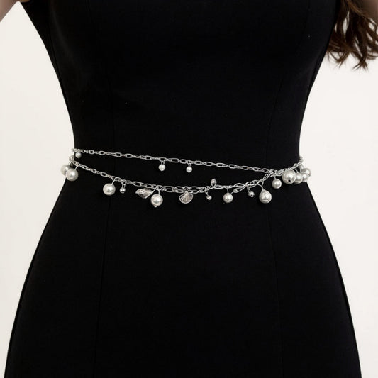 Layered Chain Belt with Pearl Charms and Metal Leaf Details