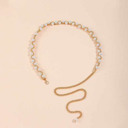 Pearl Beaded Chain Belt with Adjustable Drop Chain and Decorative Accents 43.5x0.6in