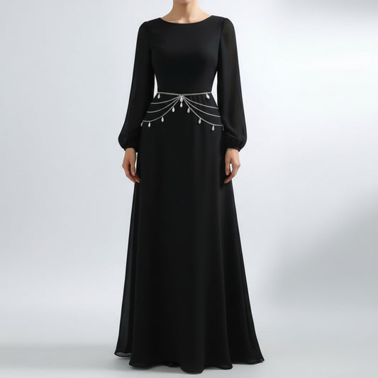 Multi-Layer Chain Belt with Teardrop Crystal Charms and Draped Chain Strands 26+15.7in
