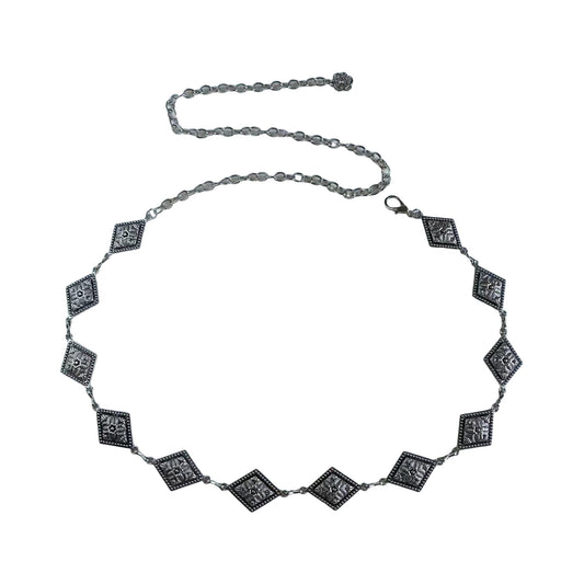 Vintage Inspired Engraved Metal Waist Chain with Floral Square Links 44 inches