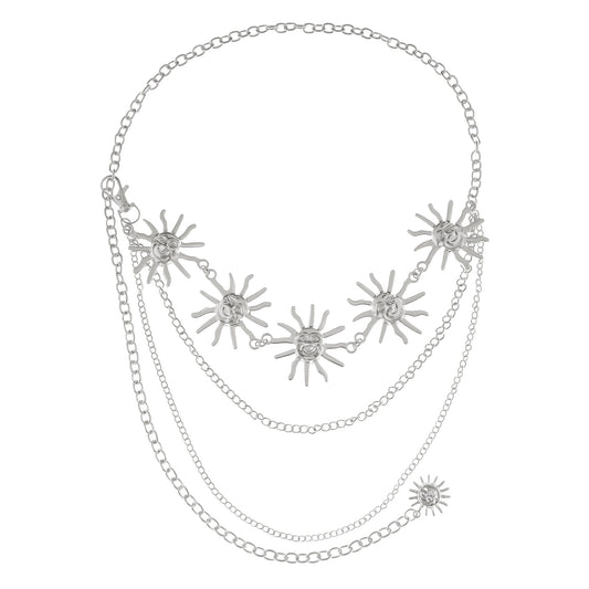 Womens Sunburst Metal Waist Chain Belt with Layered Chains