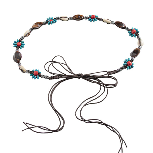 Womens Bohemian Beaded Braided Waist Belt with Adjustable Tie Closure
