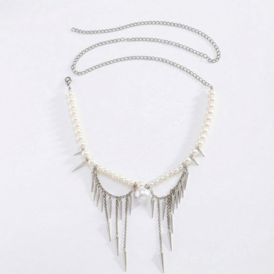 Pearl Beaded Waist Chain Belt with Spike Fringe Drop Pendant Body Jewelry Accessory