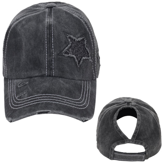 Baseball Cap Glitter Star Distressed Ponytail Hat High Messy Bun Ponycap Trucker Dad Hat