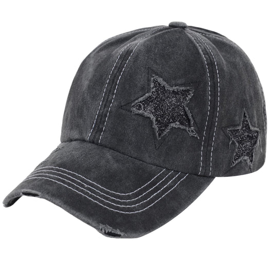 Baseball Cap Glitter Star Distressed Ponytail Hat High Messy Bun Ponycap Trucker Dad Hat