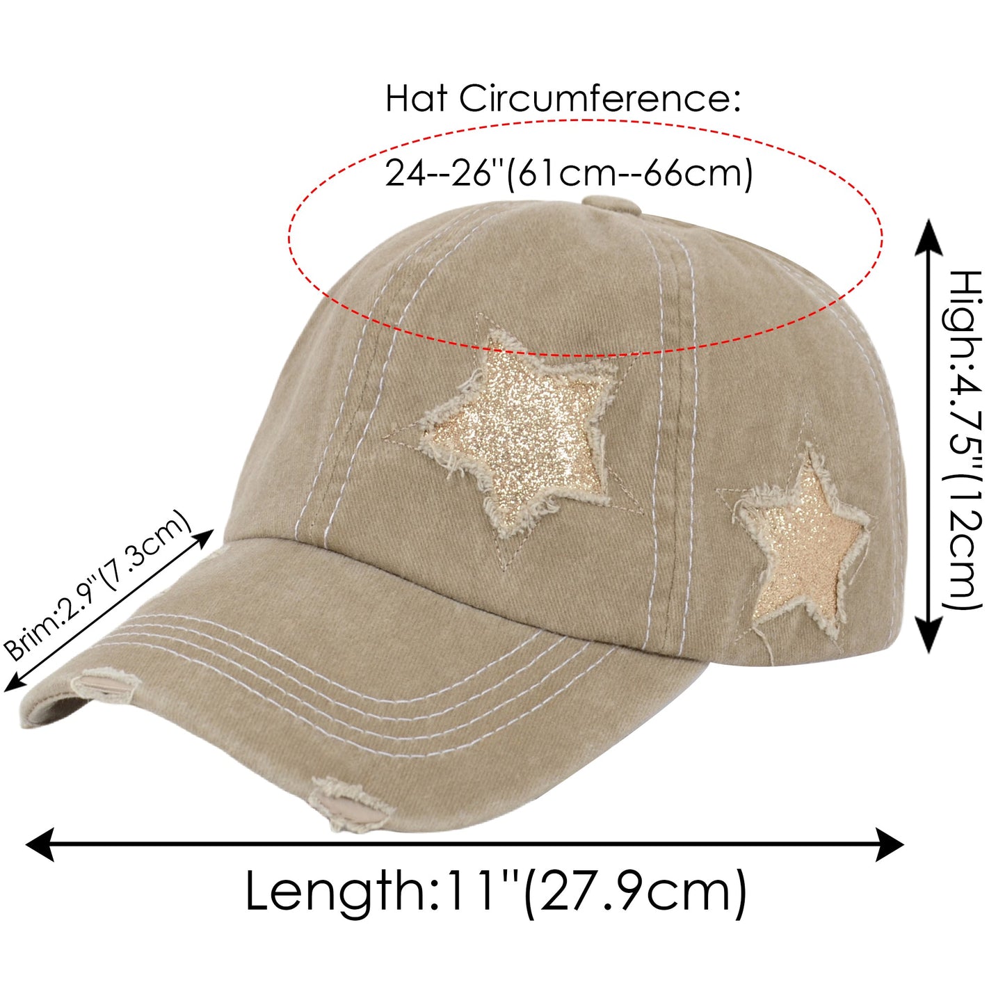 Baseball Cap Glitter Star Distressed Ponytail Hat High Messy Bun Ponycap Trucker Dad Hat