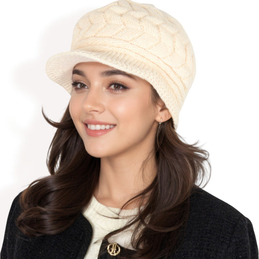Knitted Newsboy Cap with Braided Cable Pattern and Stylish Brim Design