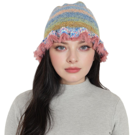 Colorful Striped Knit Bucket Hat Fluffy Trendy Winter Lightweight Foldable Crochet Fisherman Hat for Women
