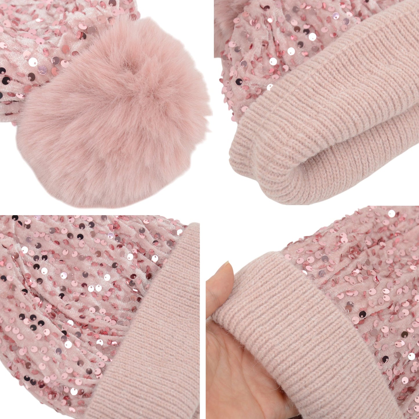 Sparkly Sequin Beanie Hat with Faux Fur Pom Pom Knit Skull Cap for Women