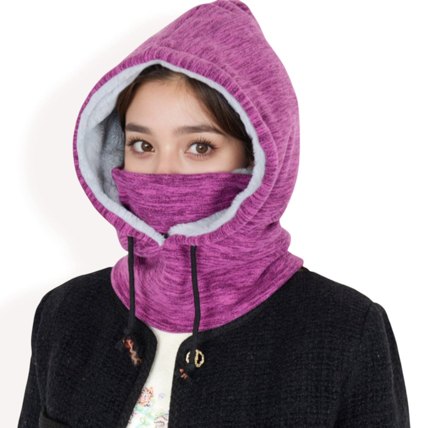 Fleece-Lined Hooded Neck Warmer with Adjustable Drawstrings for Full Coverage and Winter Protection