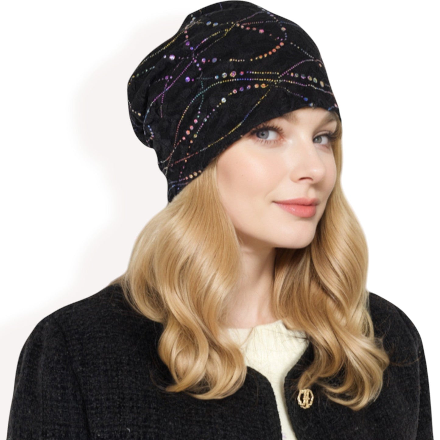 Lace Slouchy Beanie with Floral Pattern and Sparkling Rhinestone Details