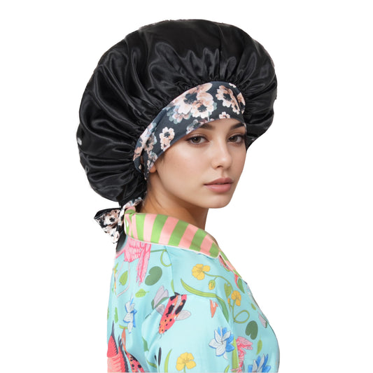 Women Silk Bonnet for Sleeping Satin Lined Hair Bonnet with Floral Tie Band for Curly Hair Protection