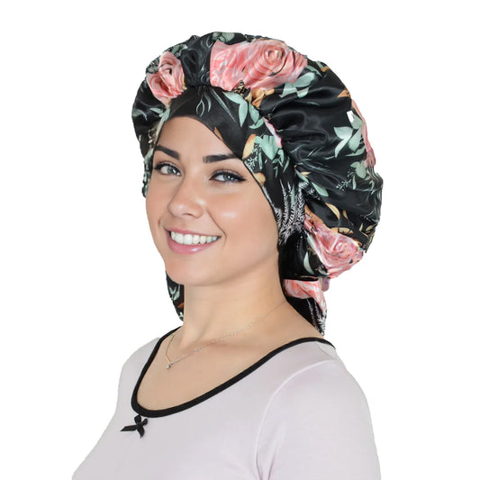 Women Silk Bonnet for Sleeping Satin Hair Bonnet with Floral Print and Long Tie Band