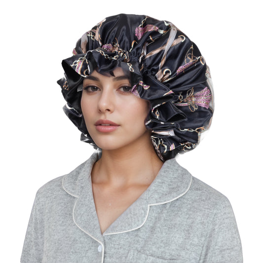 Satin Lined Print Bonnet Large Ruffled Edge Adjustable Sleep Cap for Natural Hair Protection