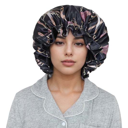 Satin Lined Print Bonnet Large Ruffled Edge Adjustable Sleep Cap for Natural Hair Protection