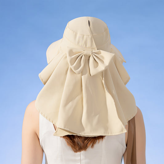 Womens Wide Brim Sun Hat UV Protection Flap Design with Back Bow Detail and Adjustable Chin Strap