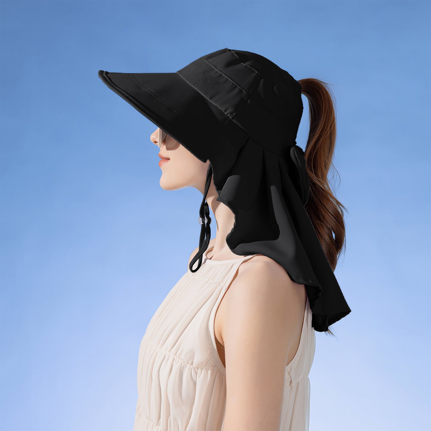 Womens Wide Brim Sun Hat UV Protection Flap Design with Back Bow Detail and Adjustable Chin Strap