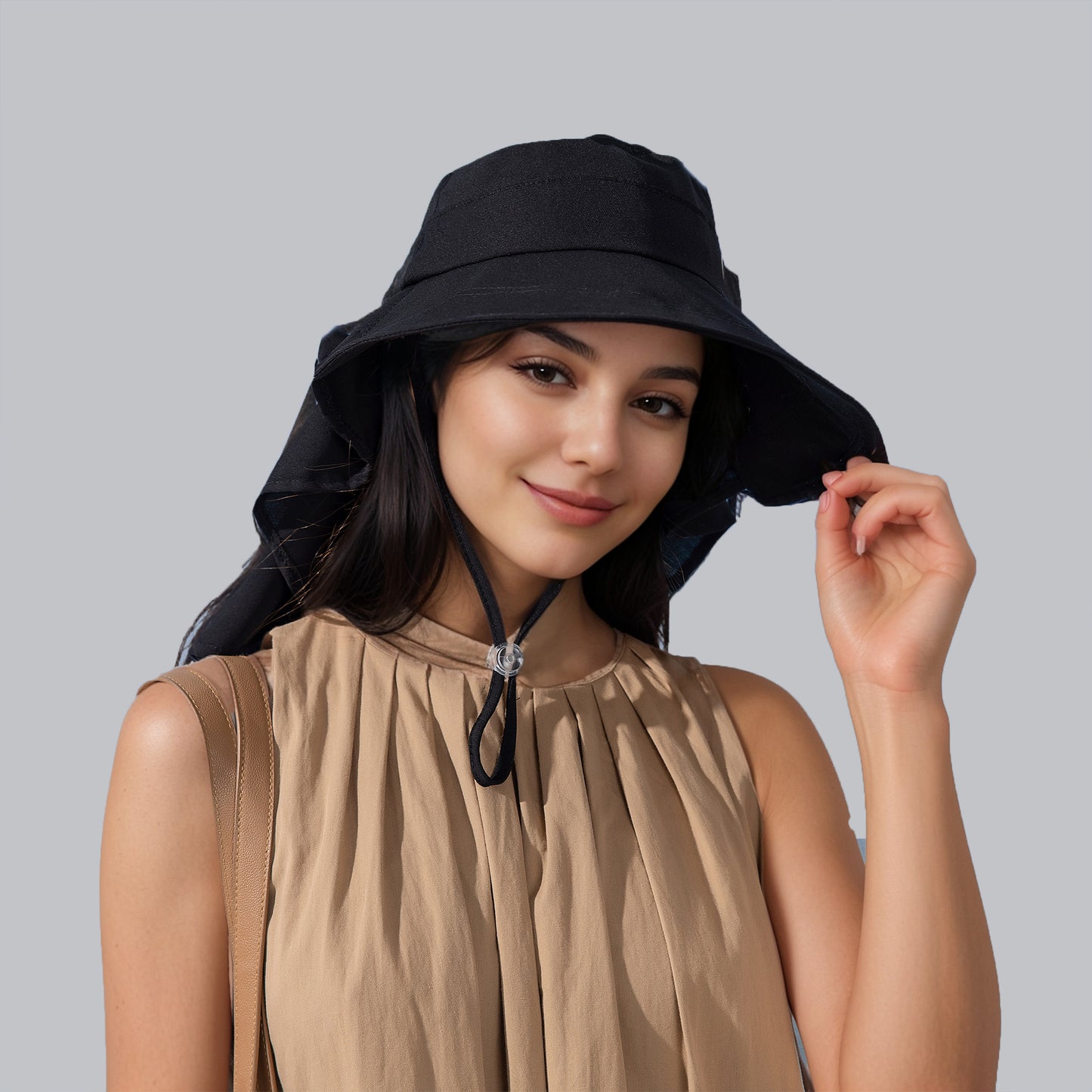 Womens Wide Brim Sun Hat UV Protection Flap Design with Back Bow Detail and Adjustable Chin Strap
