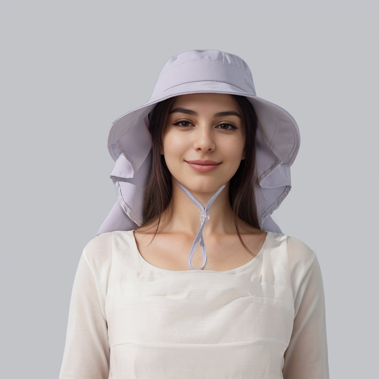 Womens Wide Brim Sun Hat UV Protection Flap Design with Back Bow Detail and Adjustable Chin Strap