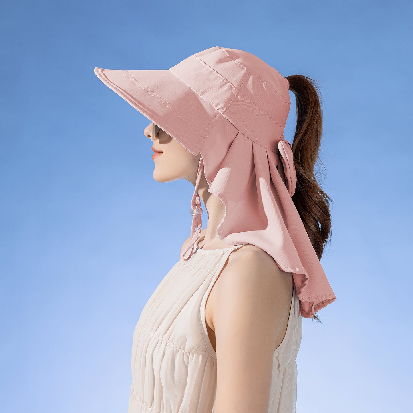 Womens Wide Brim Sun Hat UV Protection Flap Design with Back Bow Detail and Adjustable Chin Strap