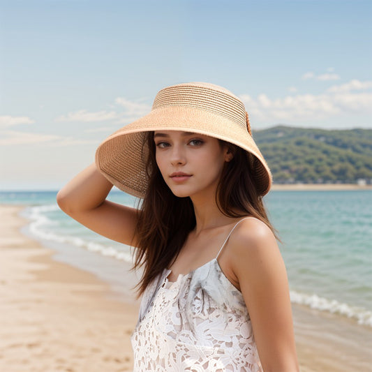 Women's Wide Brim Visor Hat with Bow Detail Adjustable Velcro Closure for Beach or Outdoor Protection