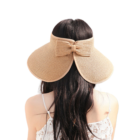 Women's Wide Brim Visor Hat with Bow Detail Adjustable Velcro Closure for Beach or Outdoor Protection