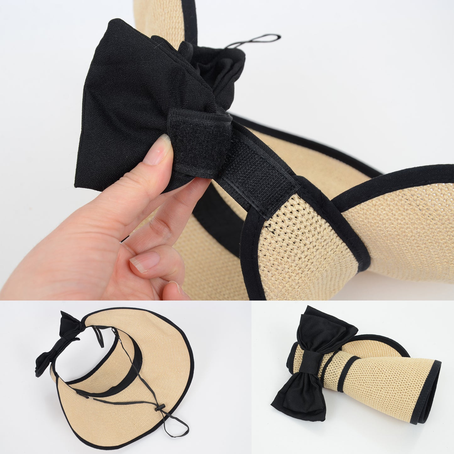 Womens Roll Up Straw Sun Visor Wide Brim Bow Detail Adjustable UV Protection Packable Summer Hat