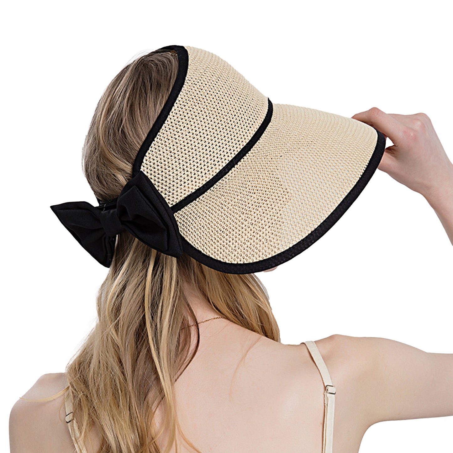 Womens Roll Up Straw Sun Visor Wide Brim Bow Detail Adjustable UV Protection Packable Summer Hat