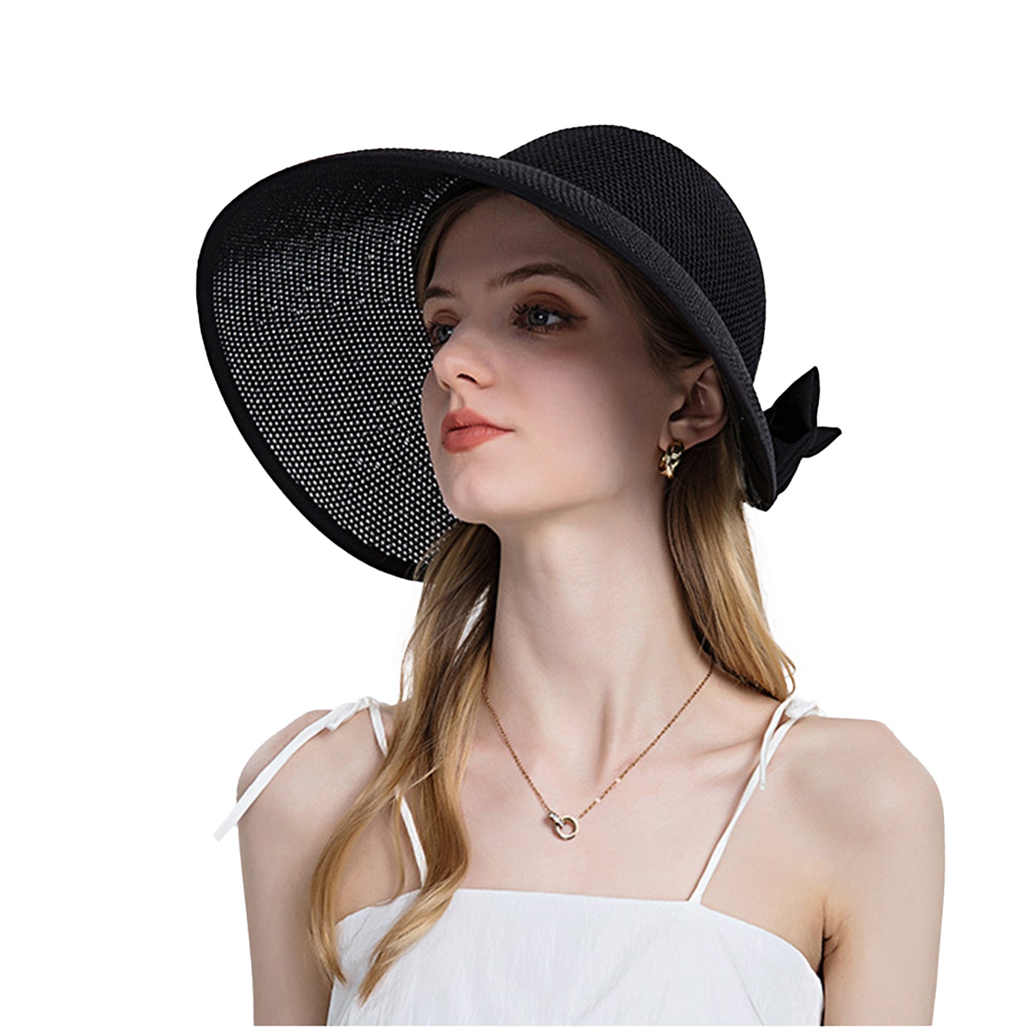 Womens Roll Up Straw Sun Visor Wide Brim Bow Detail Adjustable UV Protection Packable Summer Hat