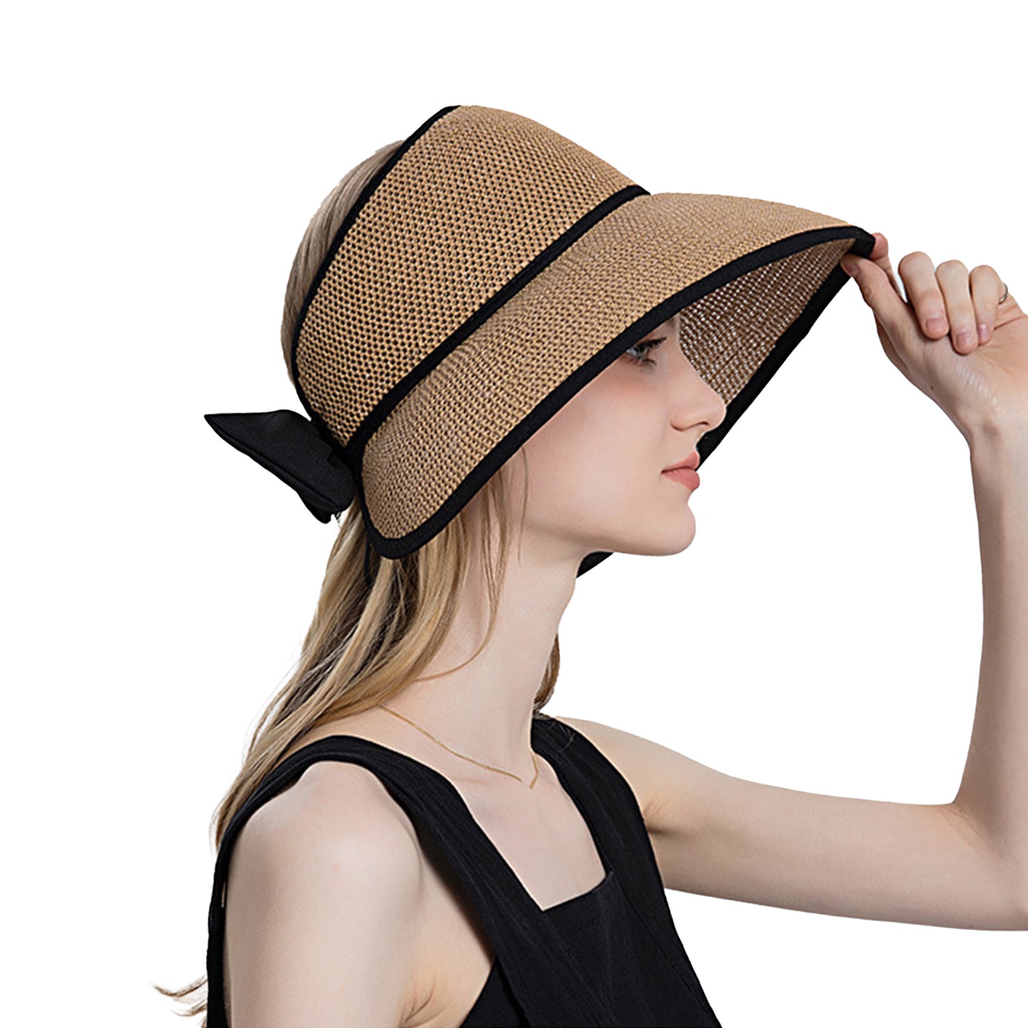 Womens Roll Up Straw Sun Visor Wide Brim Bow Detail Adjustable UV Protection Packable Summer Hat