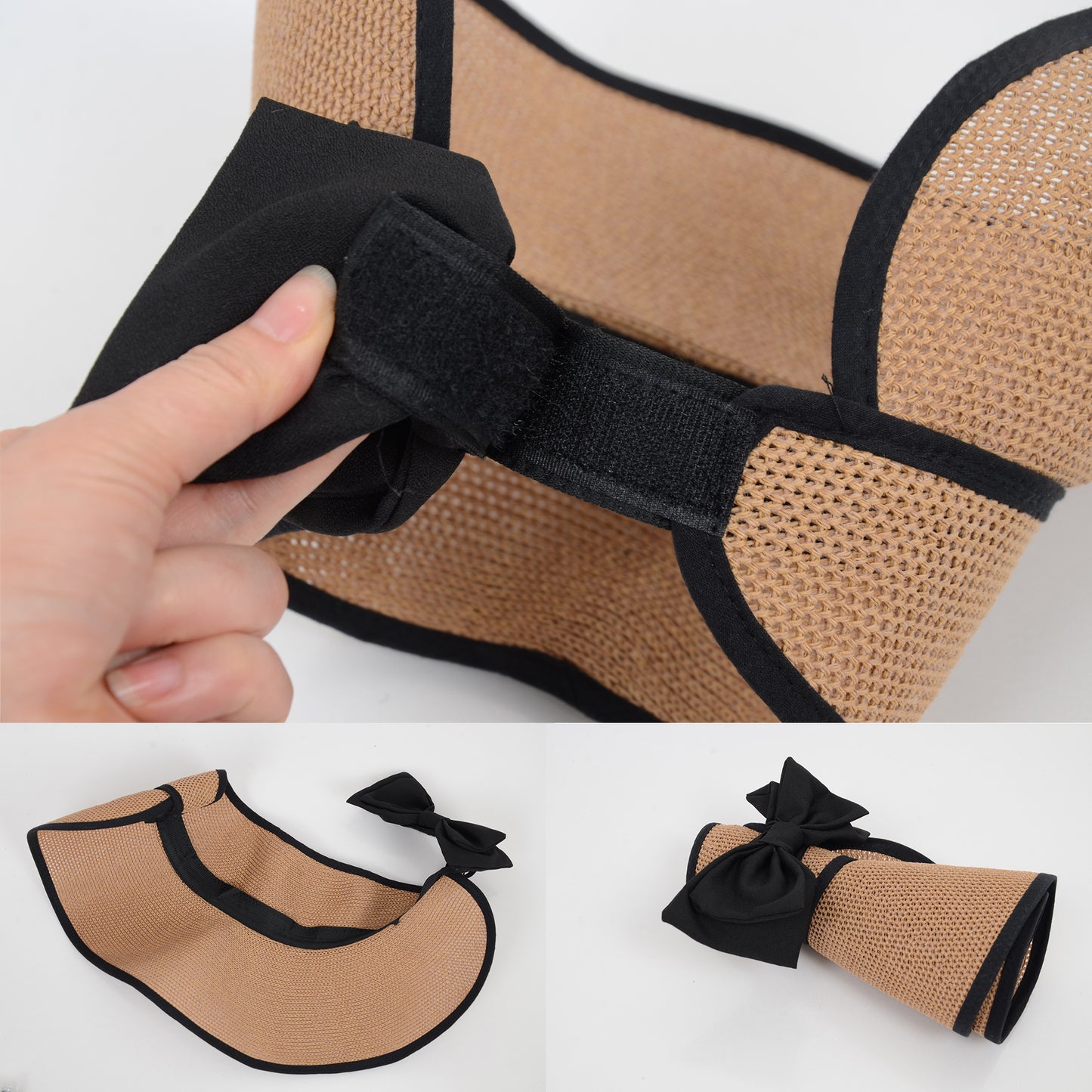 Womens Roll Up Straw Sun Visor Wide Brim Bow Detail Adjustable UV Protection Packable Summer Hat