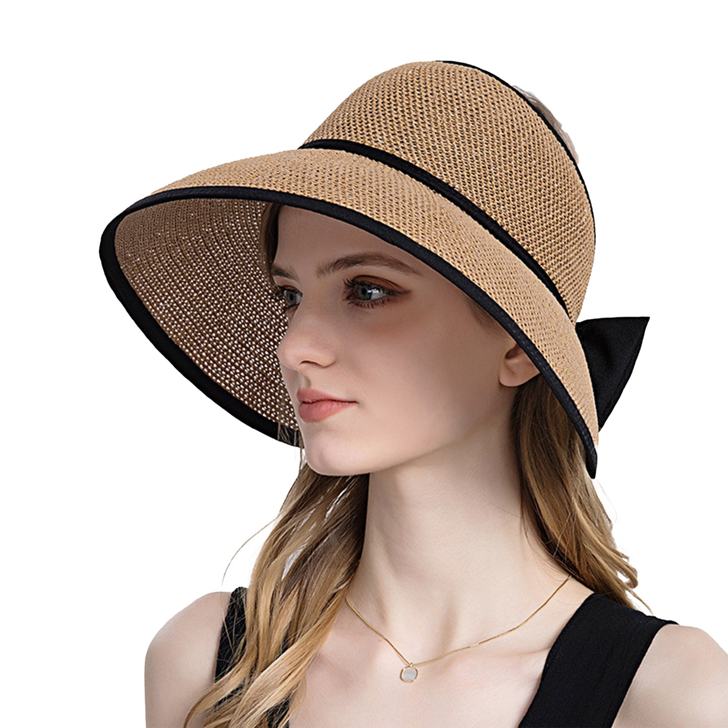 Womens Roll Up Straw Sun Visor Wide Brim Bow Detail Adjustable UV Protection Packable Summer Hat