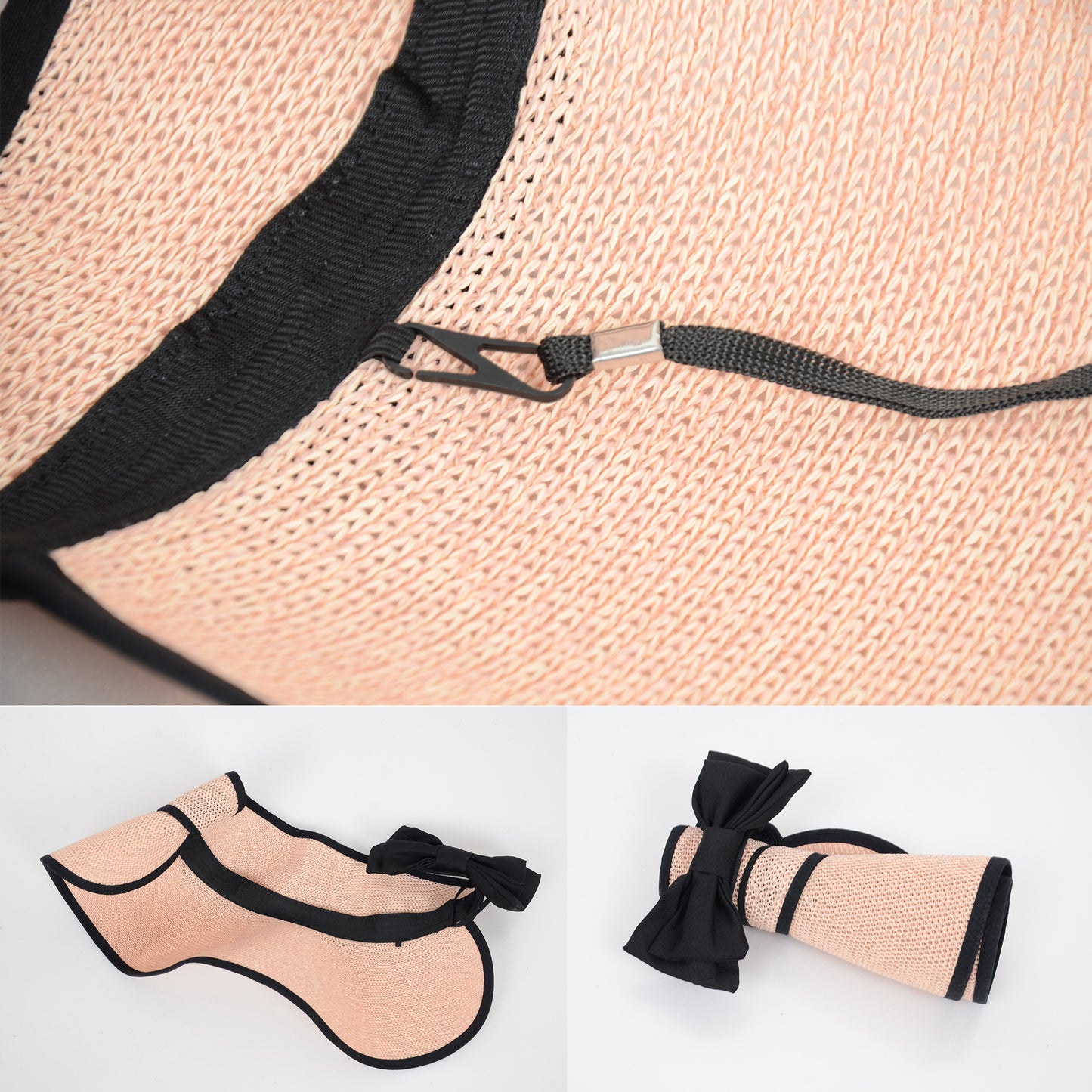 Womens Roll Up Straw Sun Visor Wide Brim Bow Detail Adjustable UV Protection Packable Summer Hat