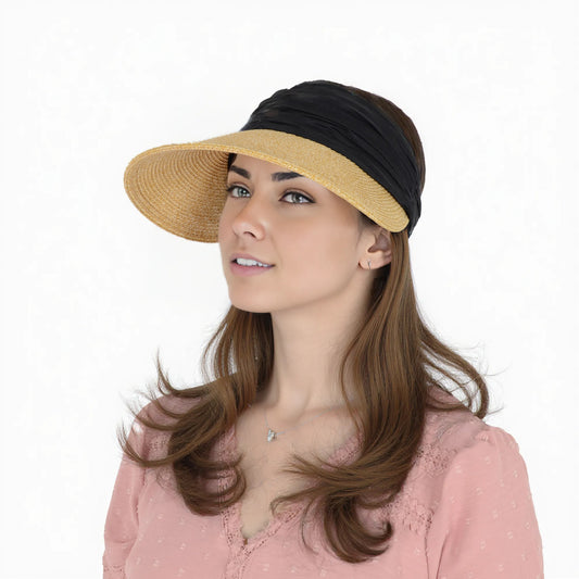 Womens Straw Sun Visor Wide Brim Adjustable Elastic Band Lightweight Summer Hat