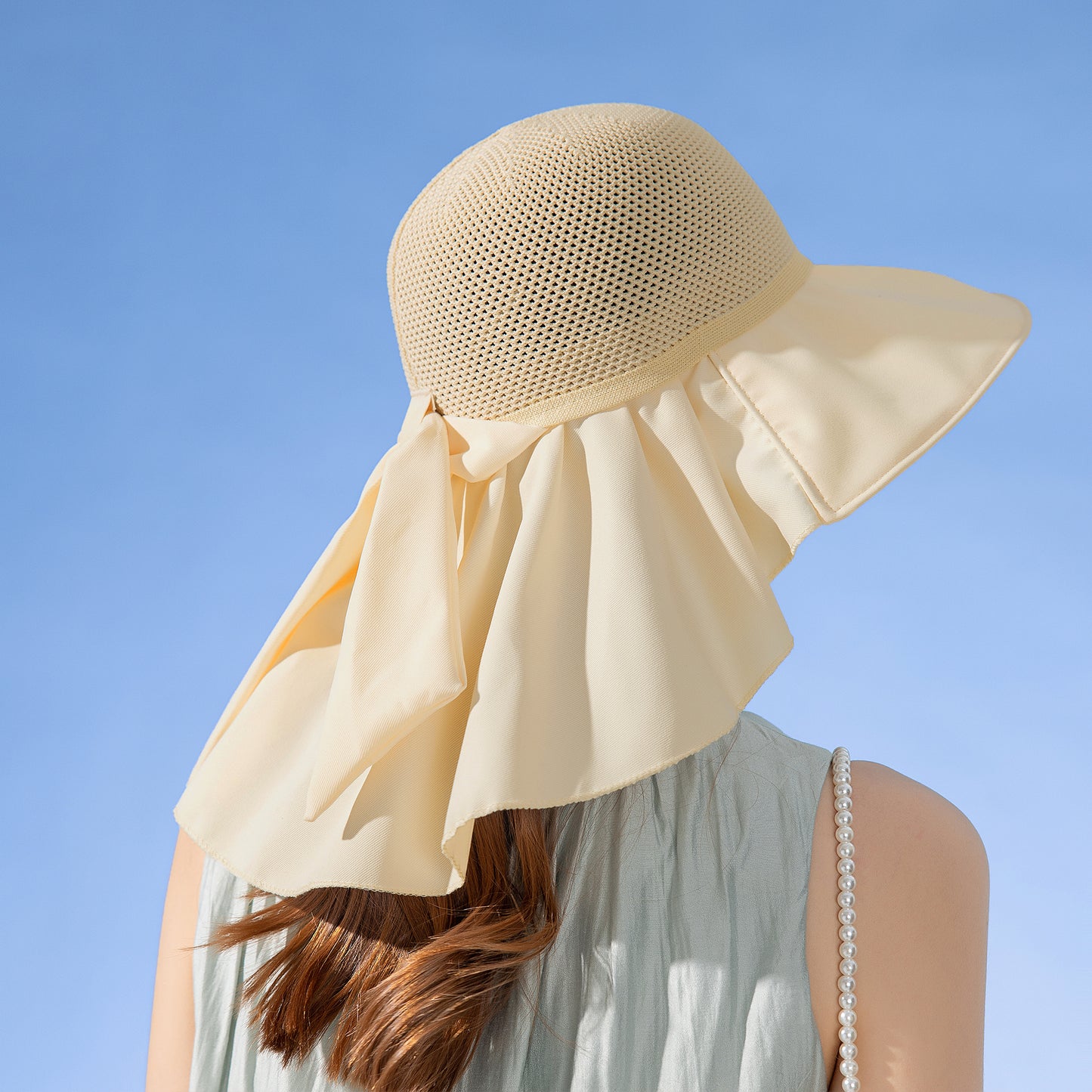 Womens Mesh Panel Wide Brim Sun Hat with Back Flap UV Protection and Tie Detail for Outdoor Activities
