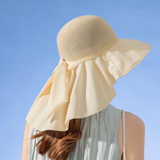 Womens Mesh Panel Wide Brim Sun Hat with Back Flap UV Protection and Tie Detail for Outdoor Activities