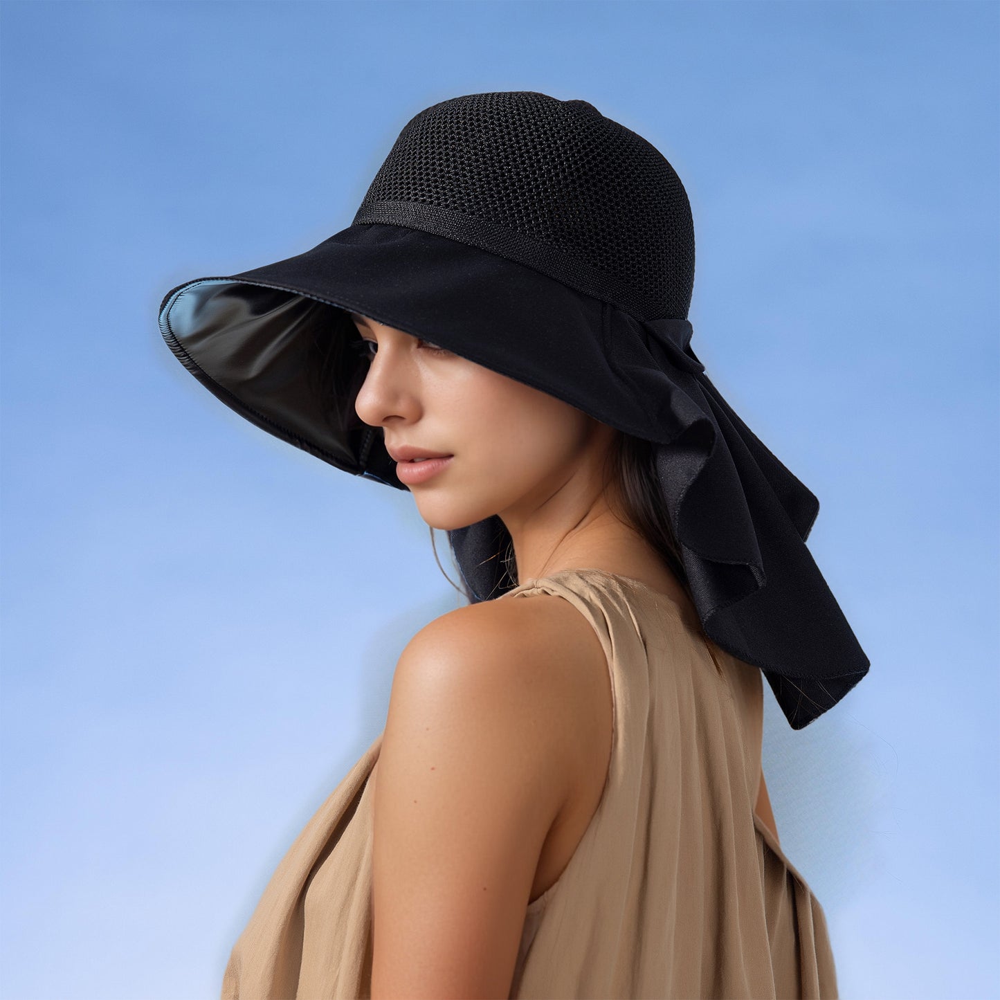 Womens Mesh Panel Wide Brim Sun Hat with Back Flap UV Protection and Tie Detail for Outdoor Activities