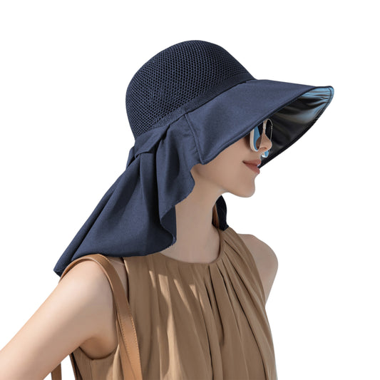 Womens Mesh Panel Wide Brim Sun Hat with Back Flap UV Protection and Tie Detail for Outdoor Activities