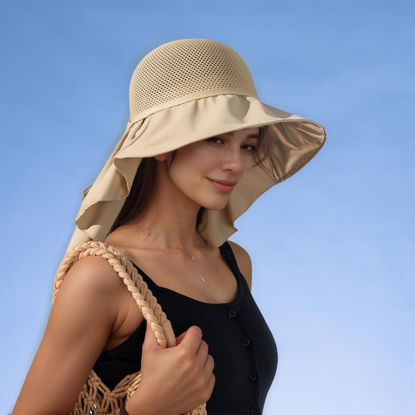 Womens Mesh Panel Wide Brim Sun Hat with Back Flap UV Protection and Tie Detail for Outdoor Activities