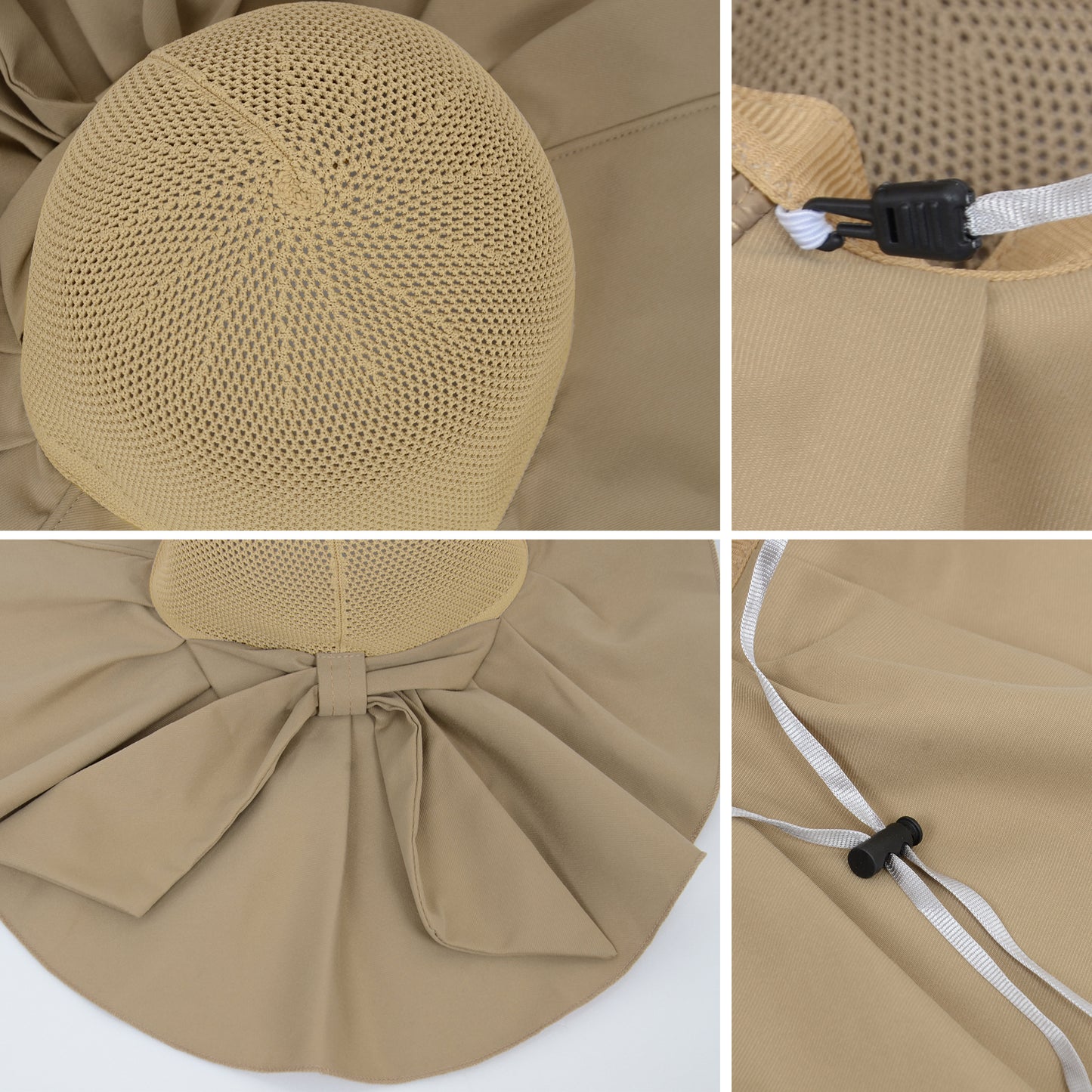 Womens Mesh Panel Wide Brim Sun Hat with Back Flap UV Protection and Tie Detail for Outdoor Activities