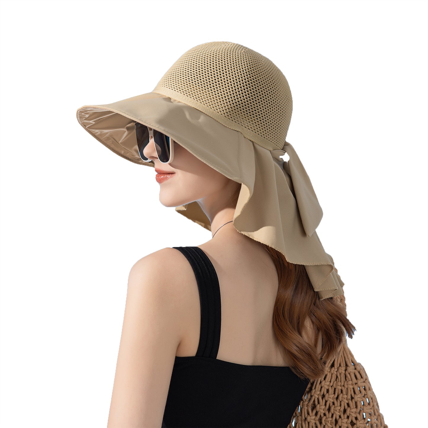 Womens Mesh Panel Wide Brim Sun Hat with Back Flap UV Protection and Tie Detail for Outdoor Activities